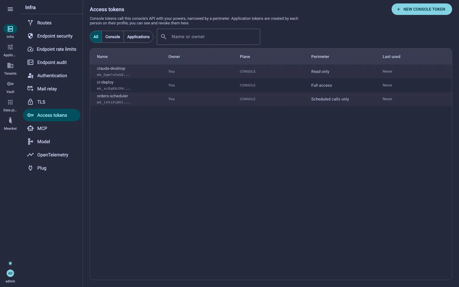 The Access tokens screen: three console tokens, with their owner, plane, perimeter and last use