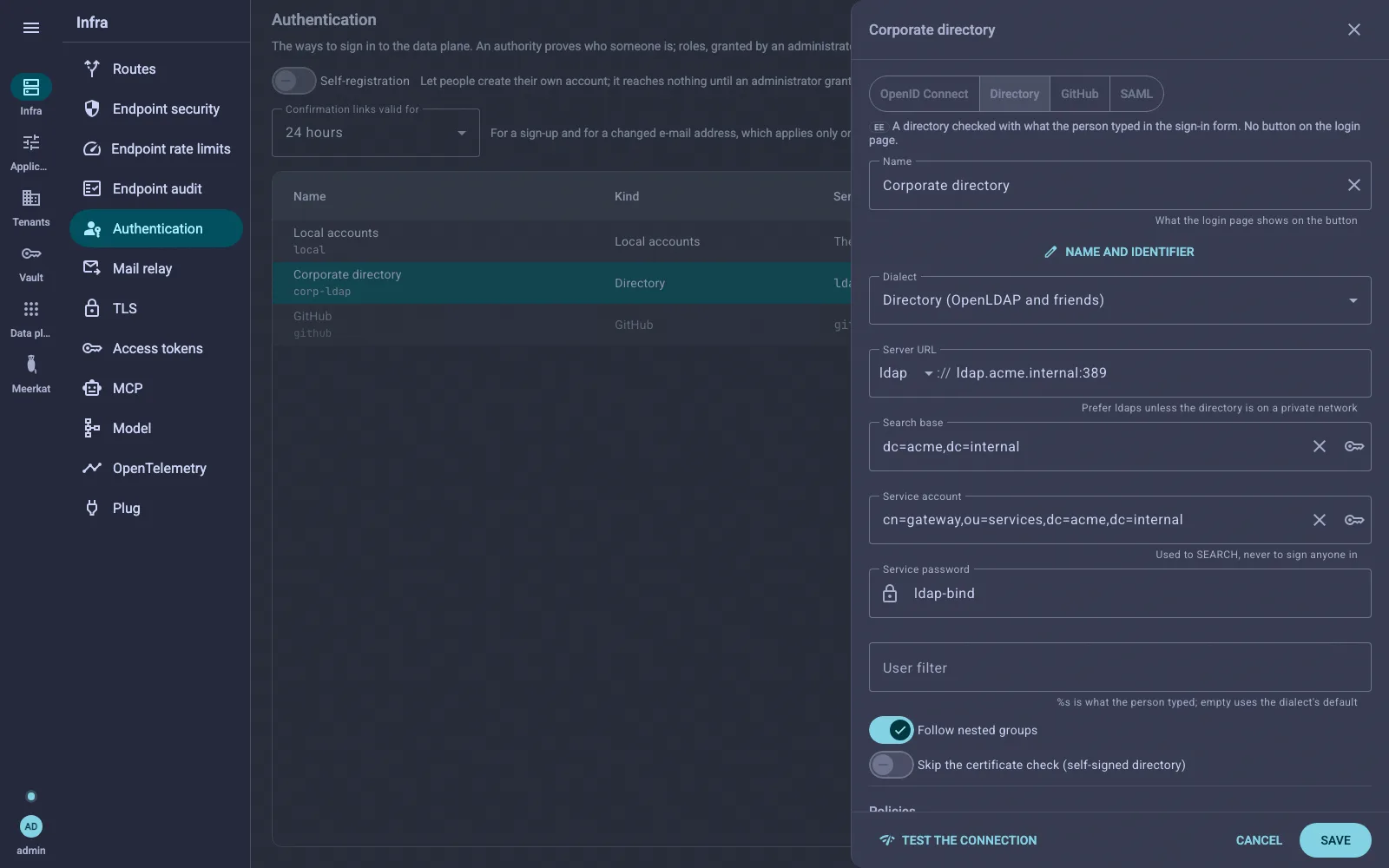 A directory open in its editor: the kind, the server, the search base, the service account read from the vault