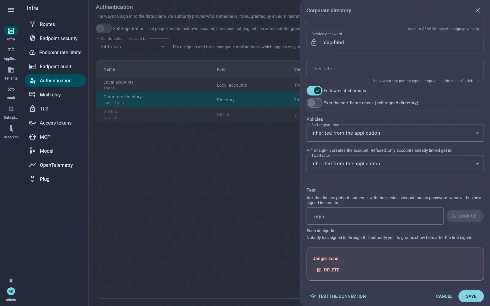 The foot of the editor: the policies, and the Test section that asks the directory about someone and lists who came in through it