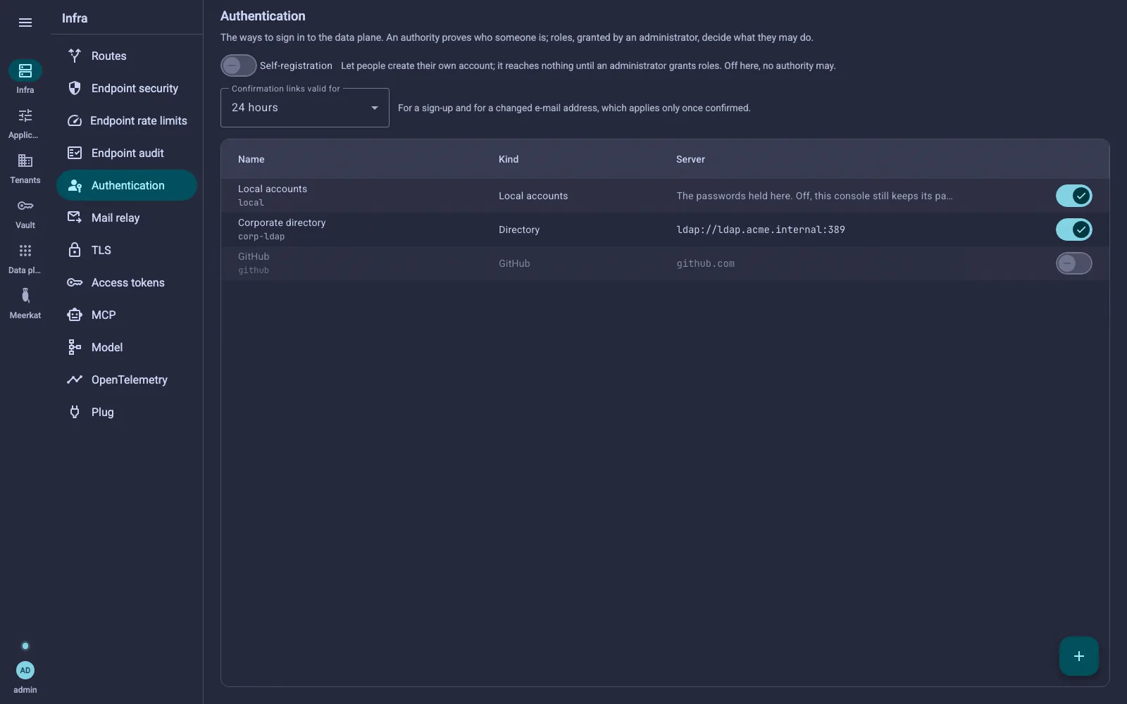 The Authentication screen: the self-registration switch and a row per authority - the local accounts, a directory and GitHub