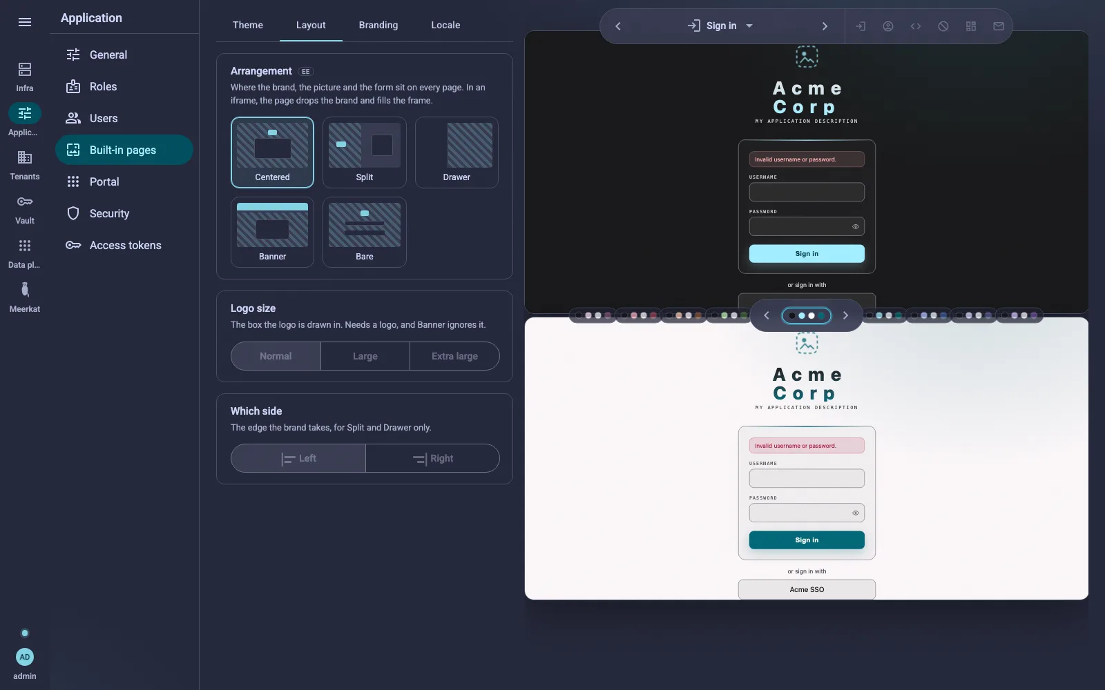 The Layout tab: five arrangements, the logo size and the side, with the previews beside them