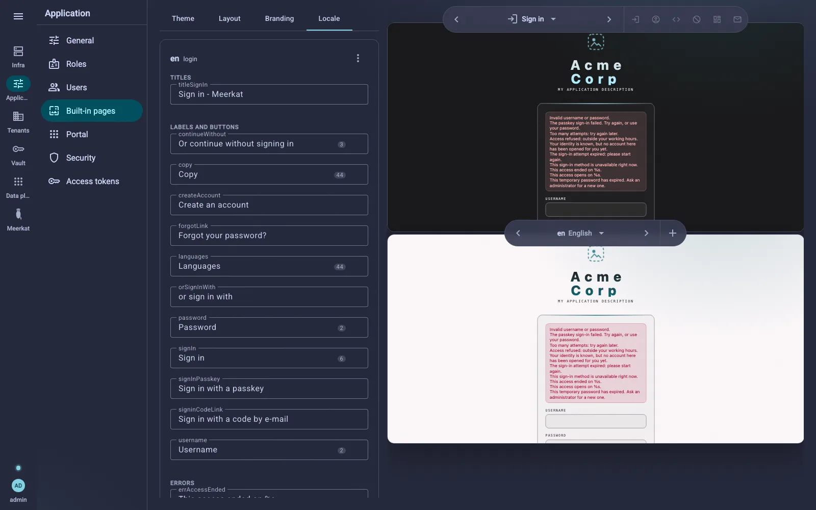 The Locale tab: the texts of the sign-in page in English, each one editable, beside the preview