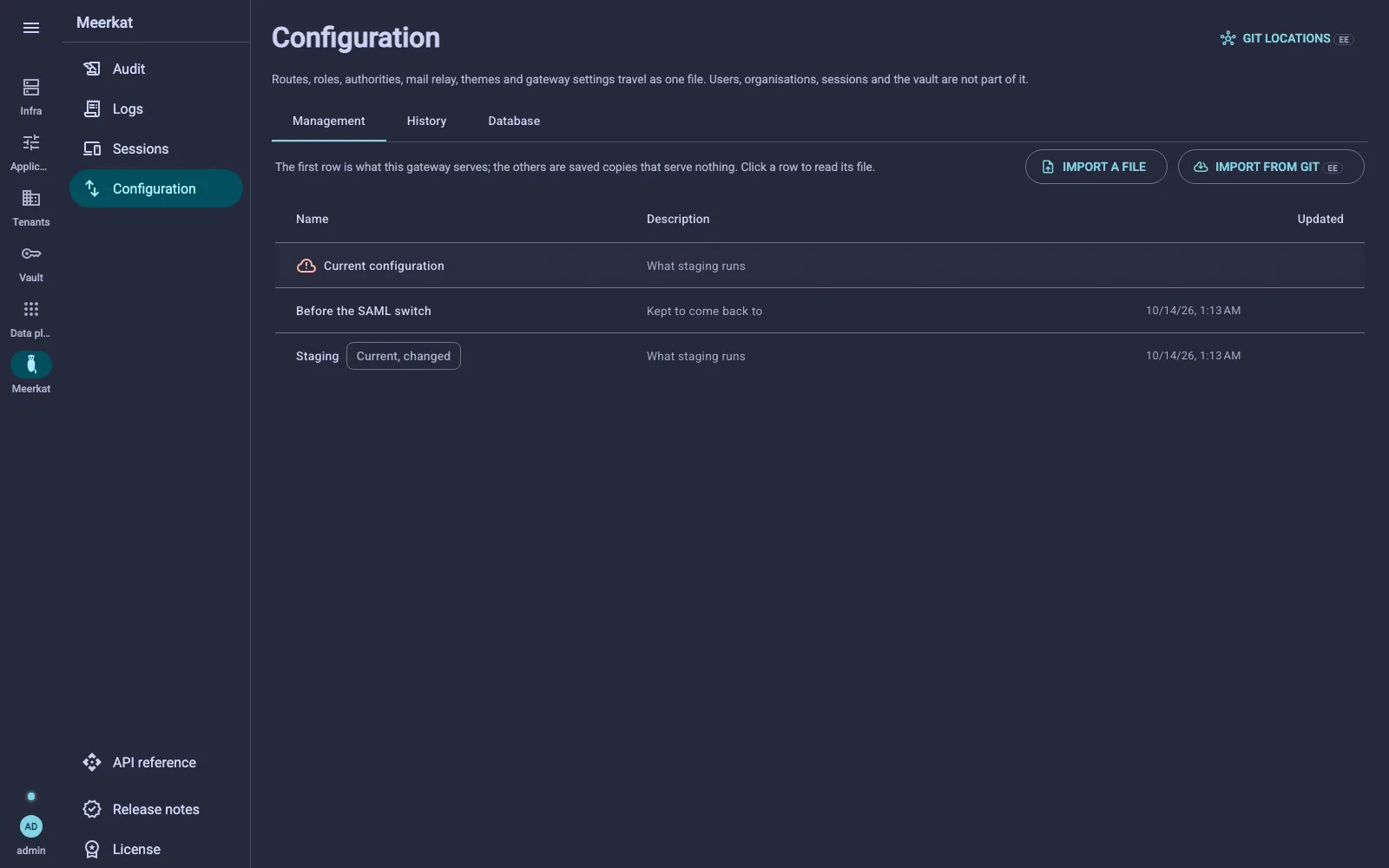 The Configuration screen on the Management tab: the current configuration on the first row, two saved ones under it