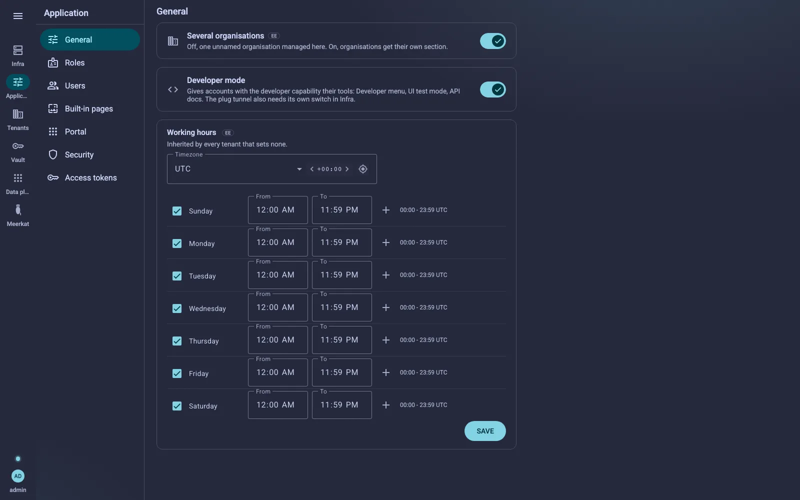 The General screen: the organisations switch, developer mode, and the weekly working-hours grid