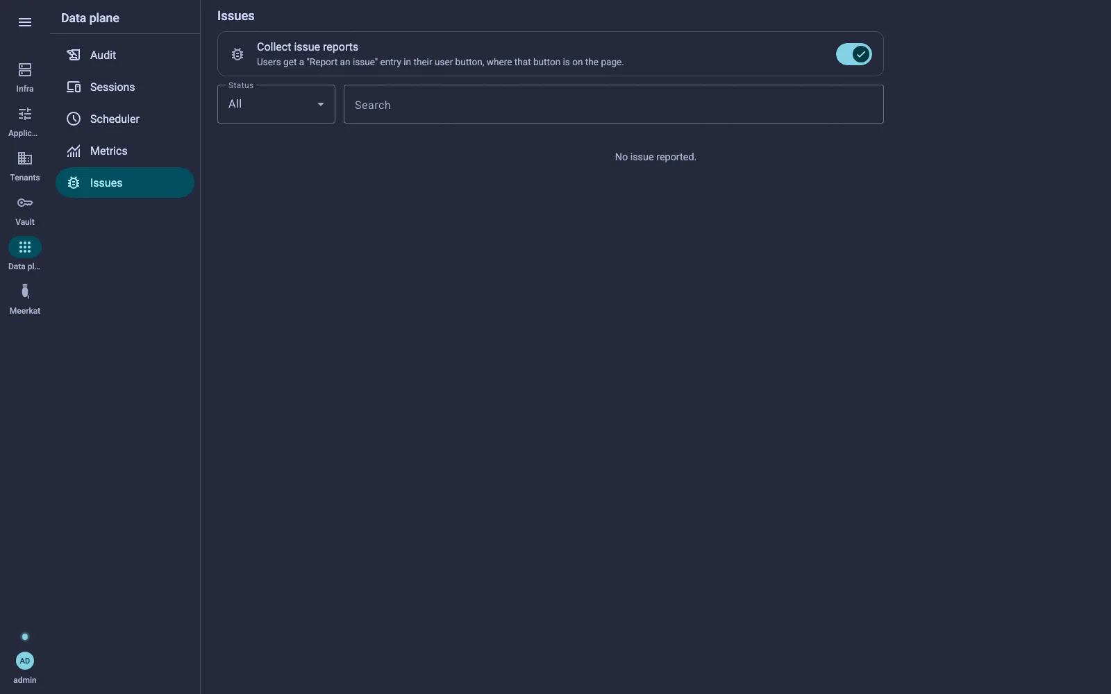 The Issues screen: the switch that offers "Report an issue" in the user button, and the reports with their status