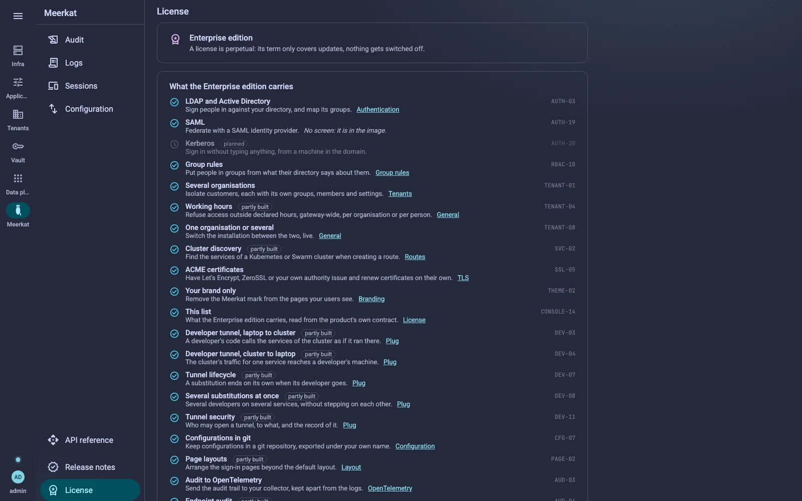 The License screen: the edition, then every Enterprise feature with how far it is built and the screen it lives on