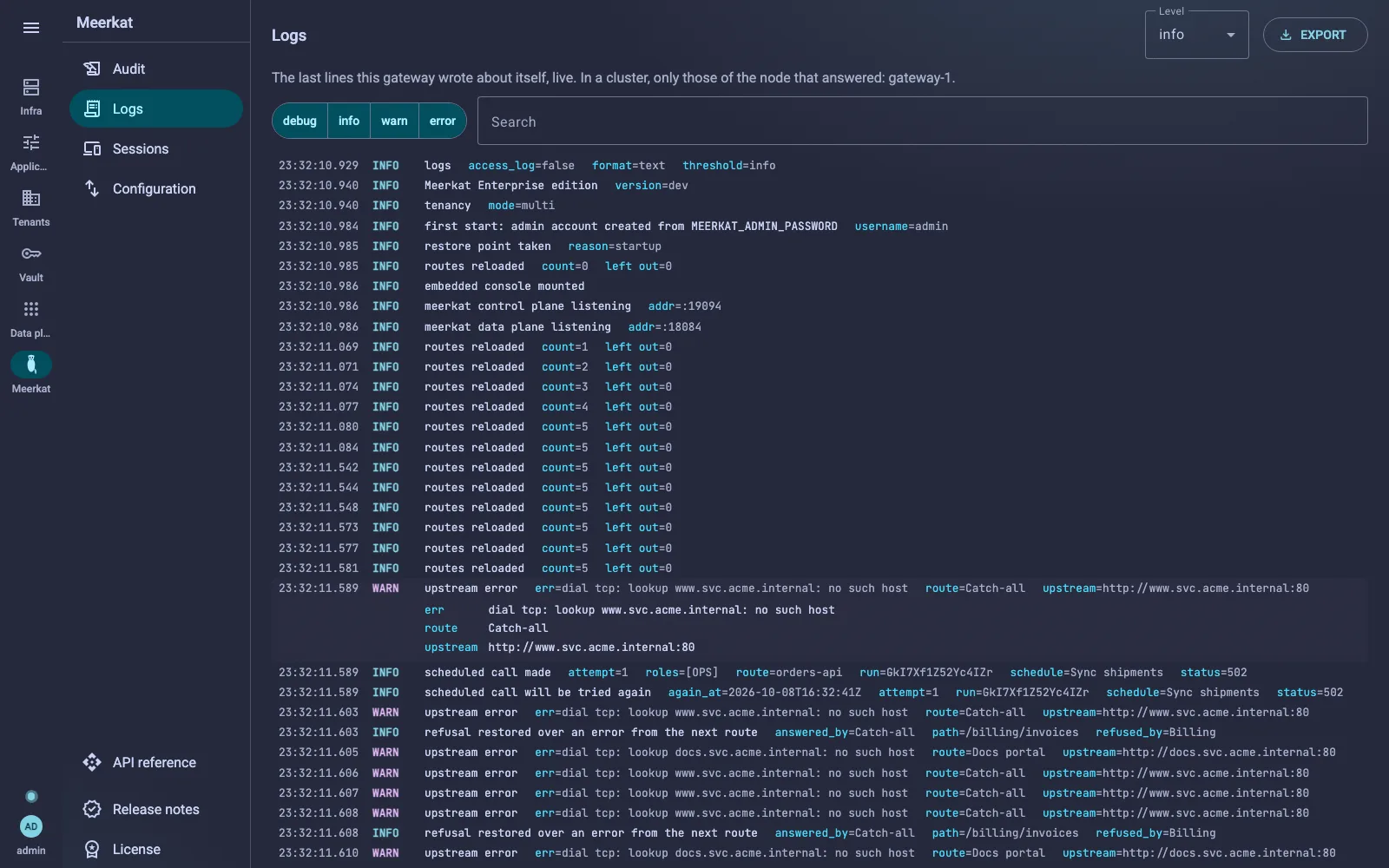 The Logs screen: the level at the top right, the level filters and the search, then the lines, one of them open