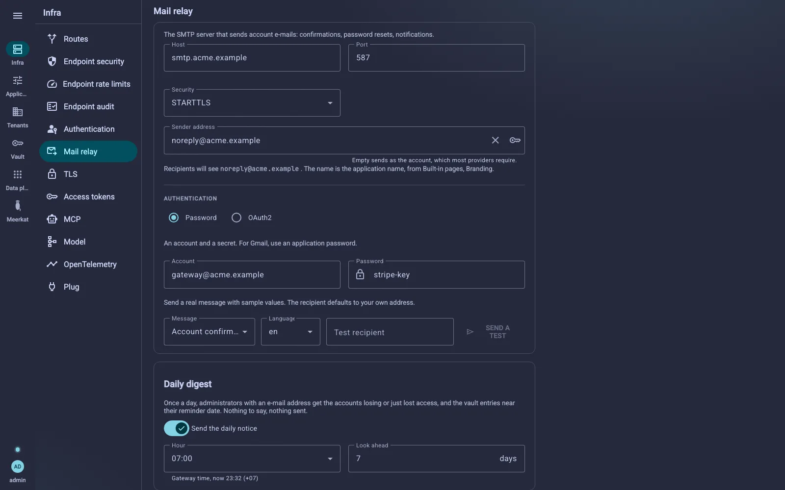 The Mail relay screen: the server, its security, the sender address, password authentication, the test send and the daily digest