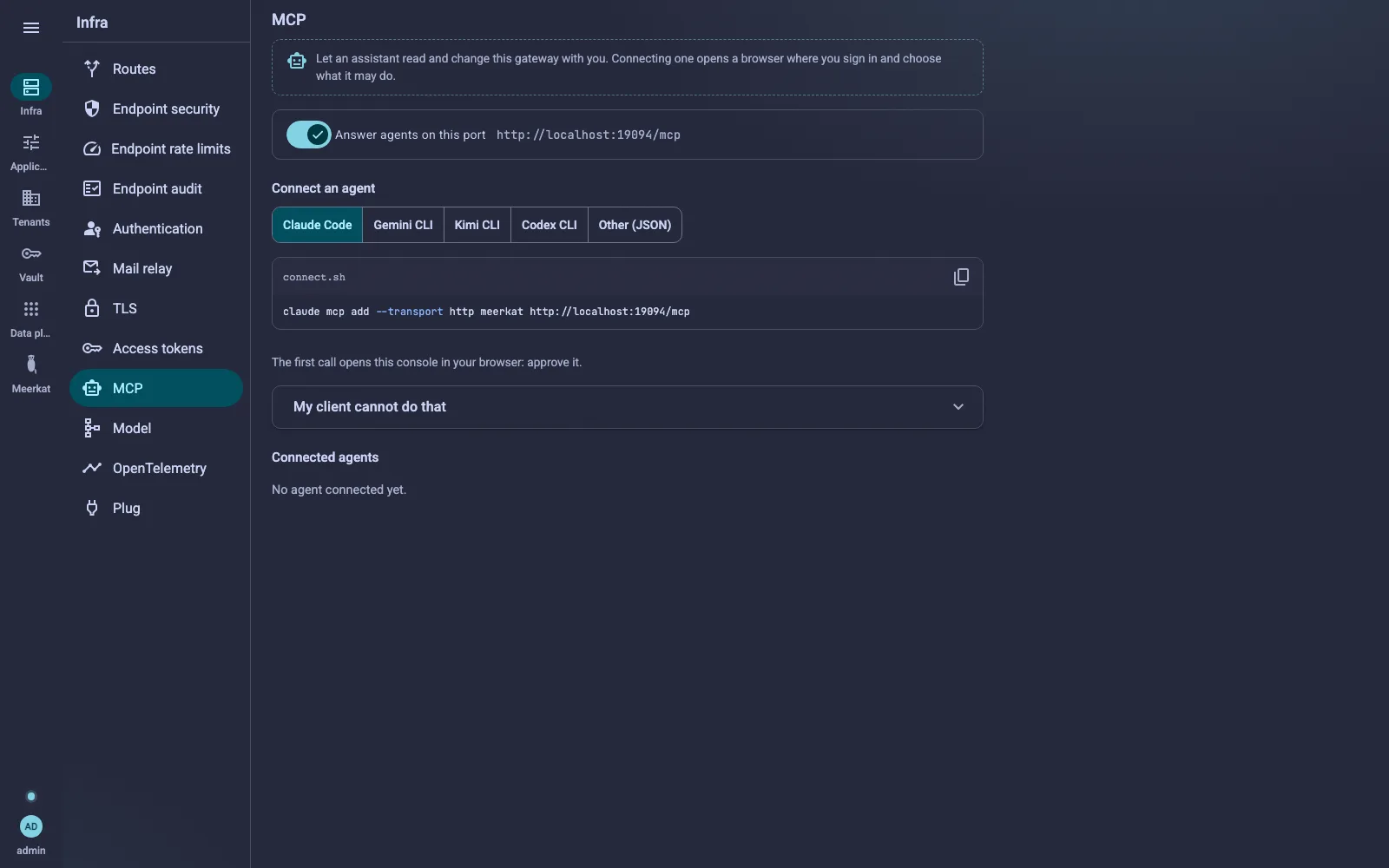 The MCP screen: the endpoint switch, the client picker with the command to paste, and an empty list of connected agents