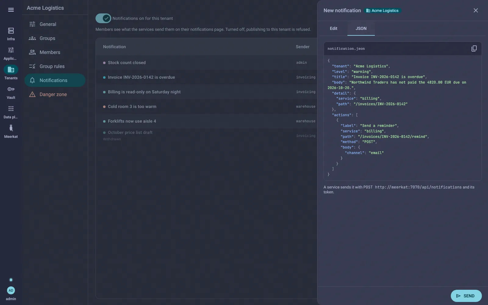 The JSON tab: the message as a service sends it, with its action's method and body