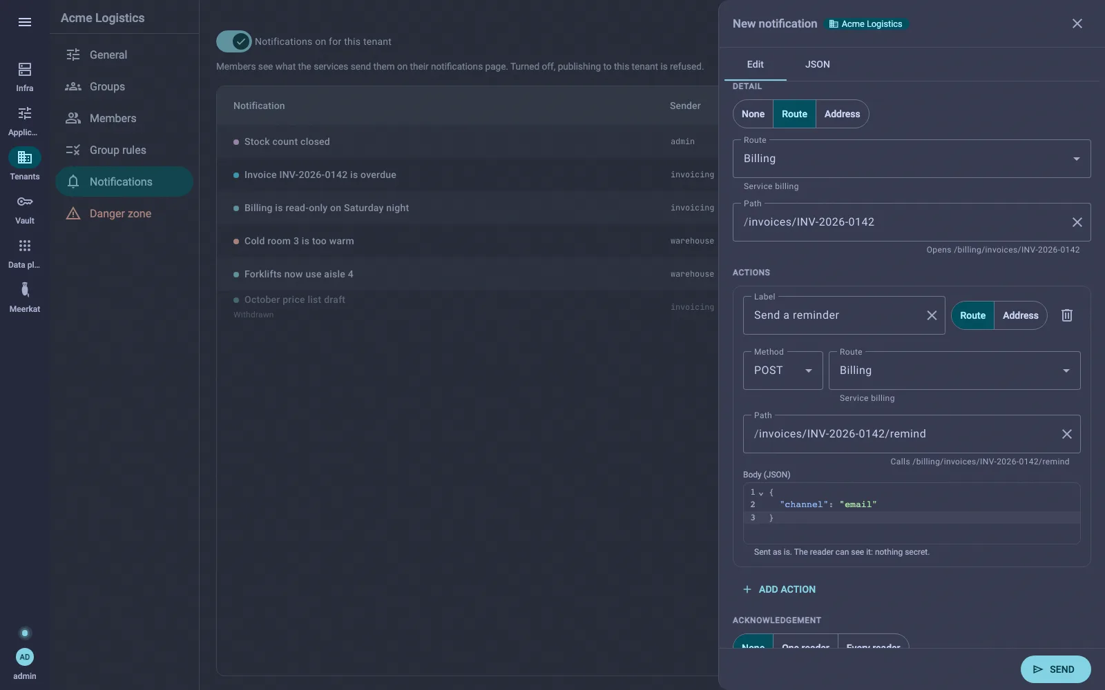 The New notification drawer, Edit tab: a detail on the Billing route, and an action calling it with POST and a JSON body
