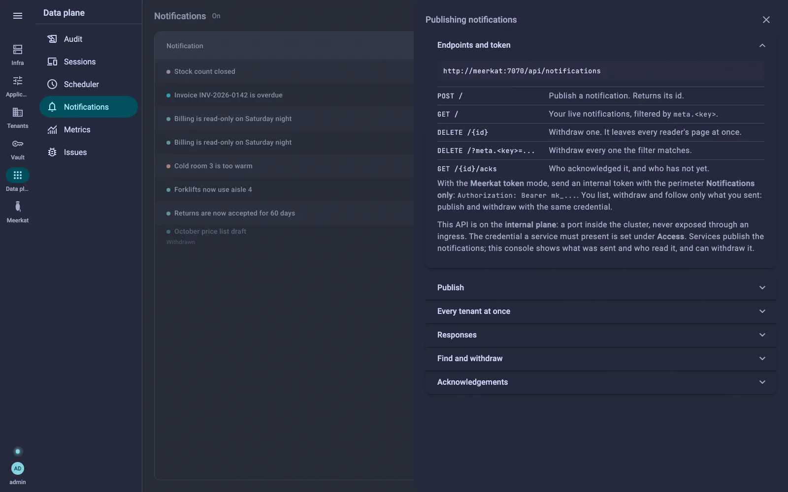 The API panel, Publishing notifications: the endpoints and the token, then the message field by field