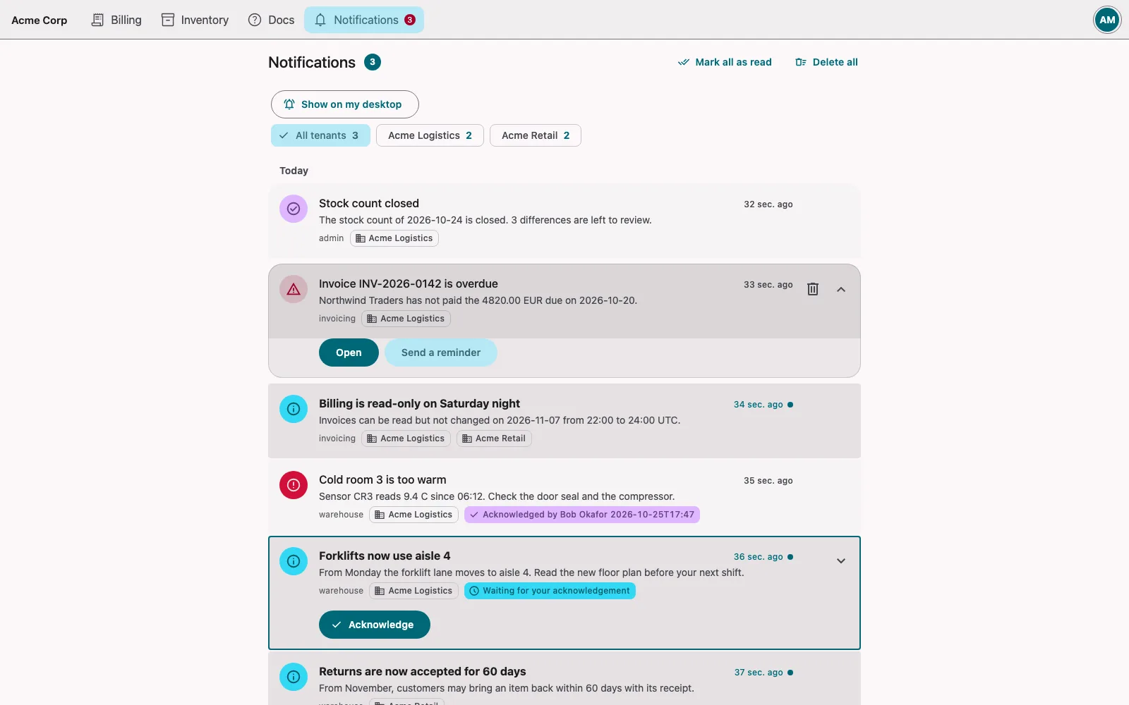 The notifications page of a reader in two tenants: the tenant filter, a message sent to both tenants on one row, one waiting for an acknowledgement, and one unfolded with Open and its action