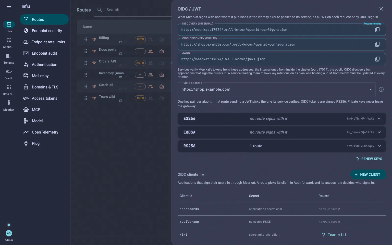 The clients under the keys: a secret drawn by Meerkat, the application's own, and none