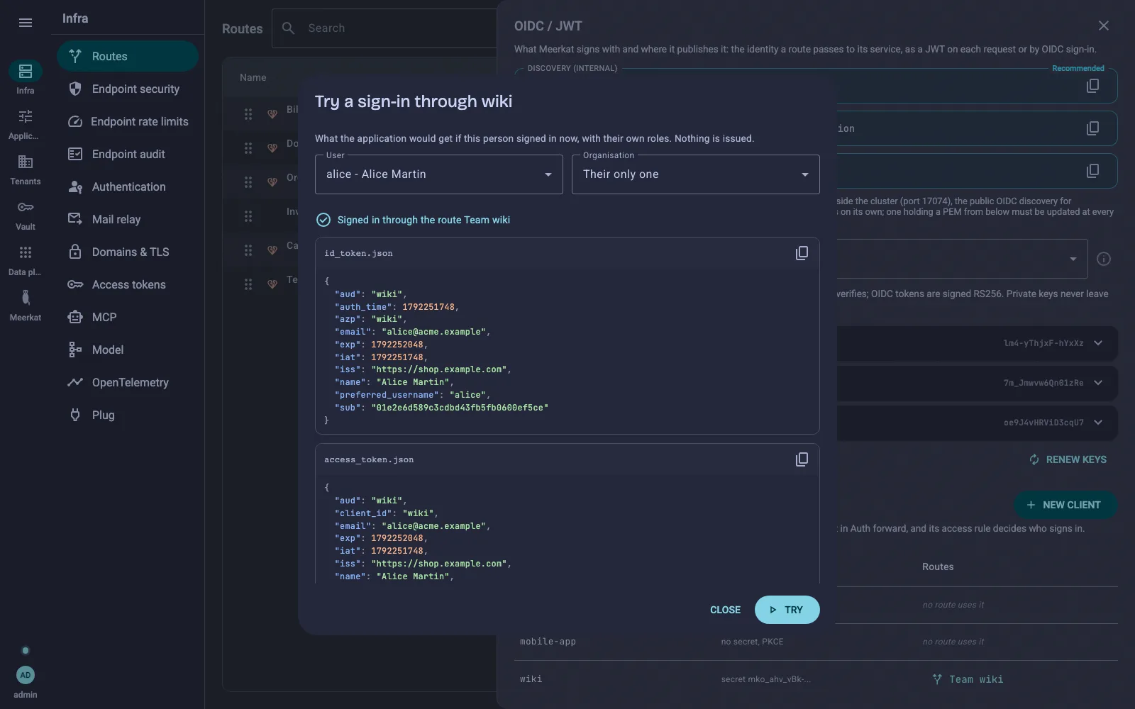 A sign-in tried for one person: the route that lets them in, and the ID token's claims