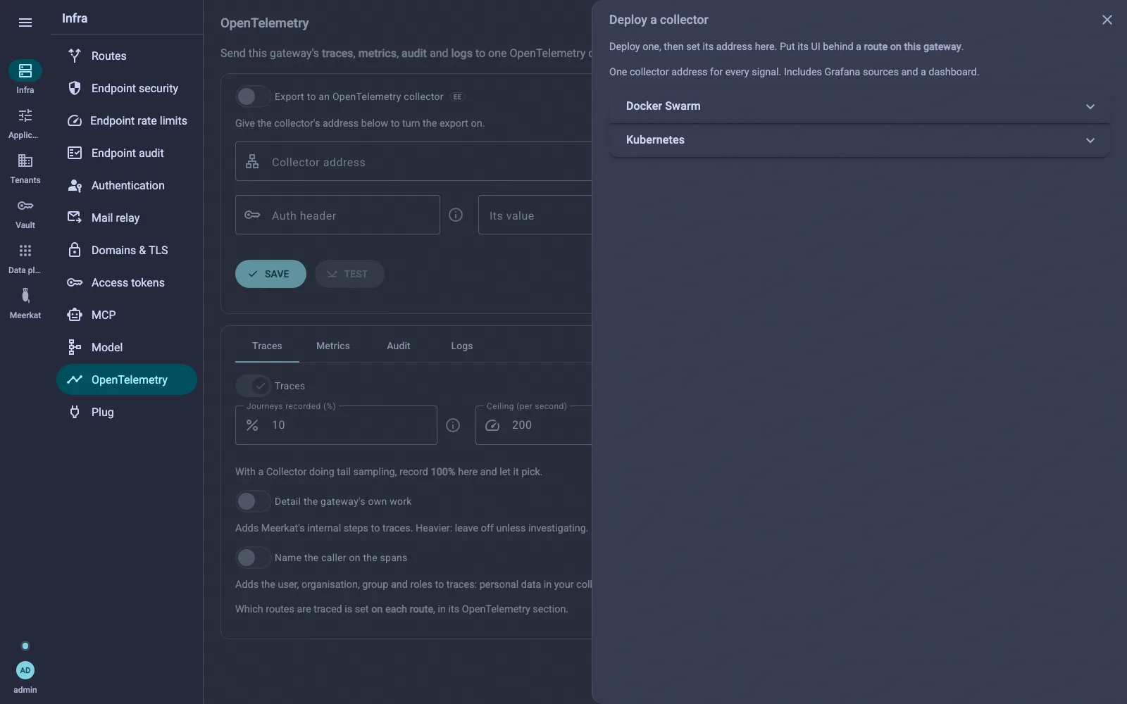 No collector yet? opens a drawer with the files to deploy one, for Docker Swarm or for Kubernetes