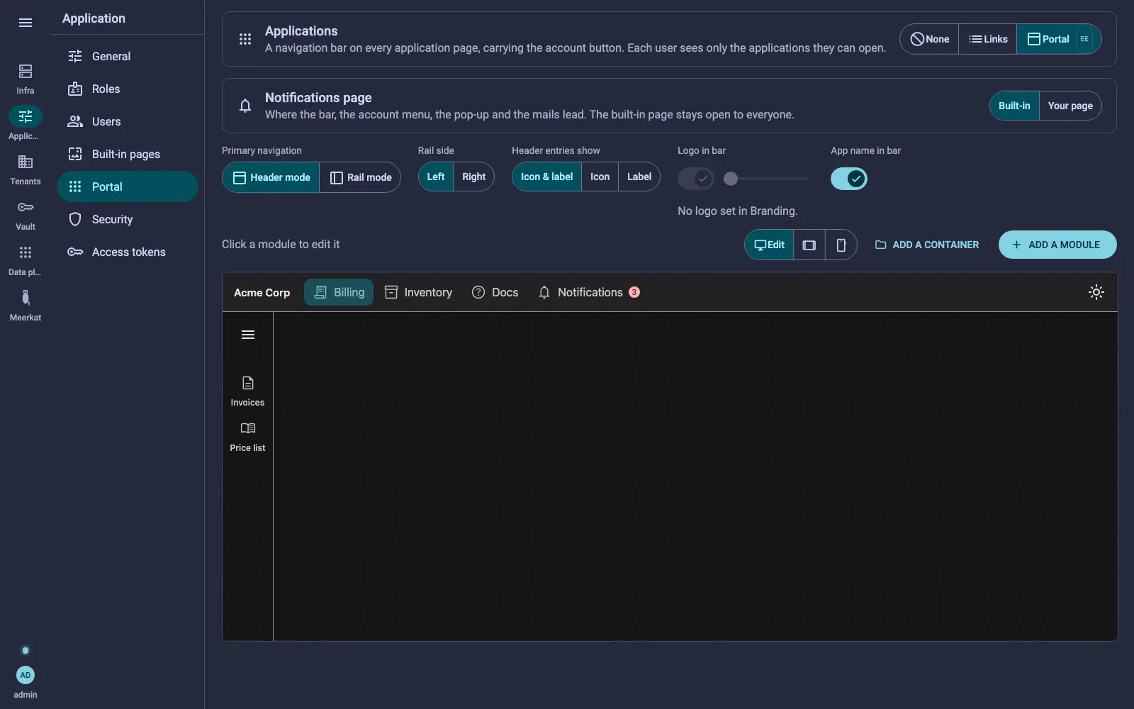 The Portal screen with the Notifications page card, and the bar carrying the Notifications entry with its badge