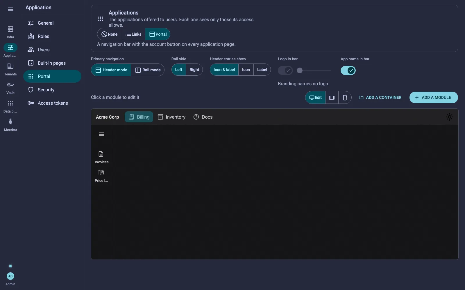 The Portal screen: the three-state control, the arrangement controls, and the real bar in edit mode below