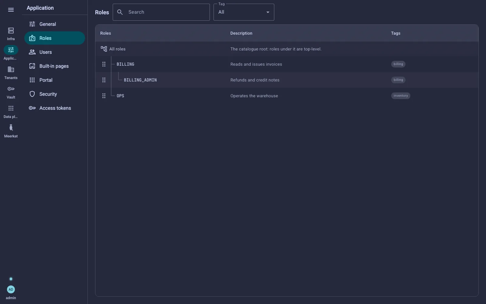The Roles screen: the catalogue as a tree under an All roles row, with descriptions and tags