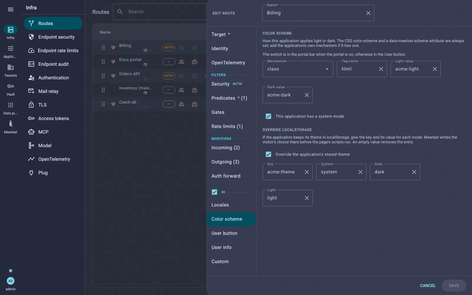 The Color scheme section of a UI route, with its mechanism, tag name and stored-theme override