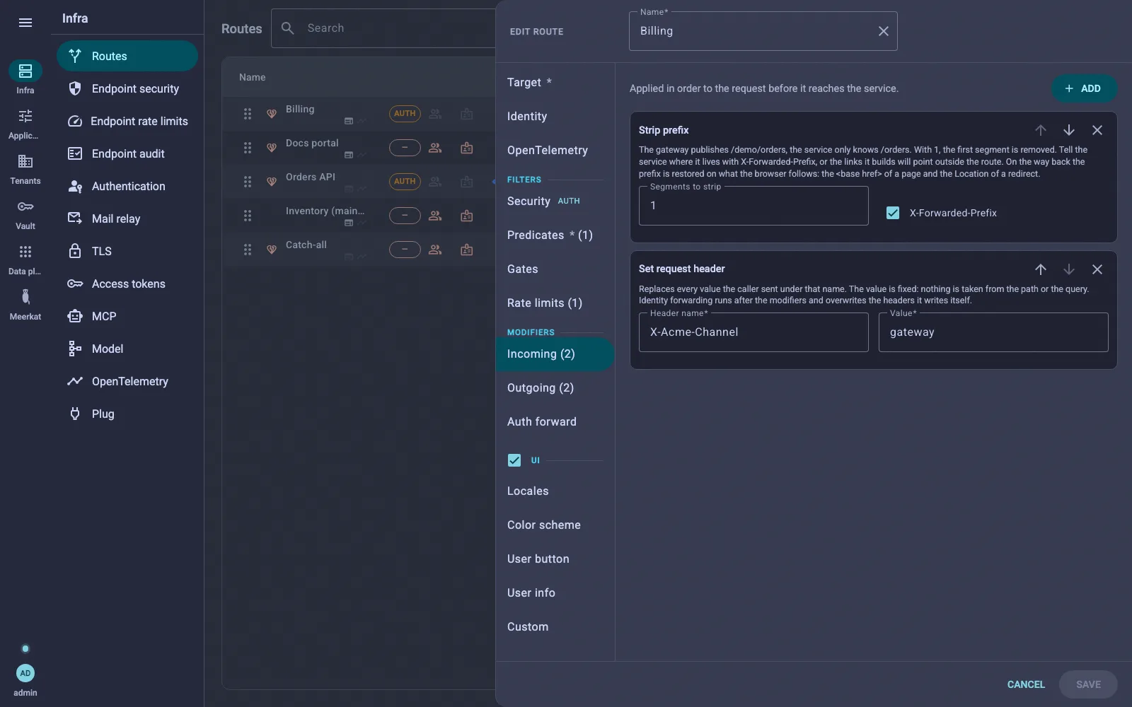 The Incoming section: a strip-prefix filter and two set-request-header filters, one of them reading a vault entry, each with arrows to reorder it