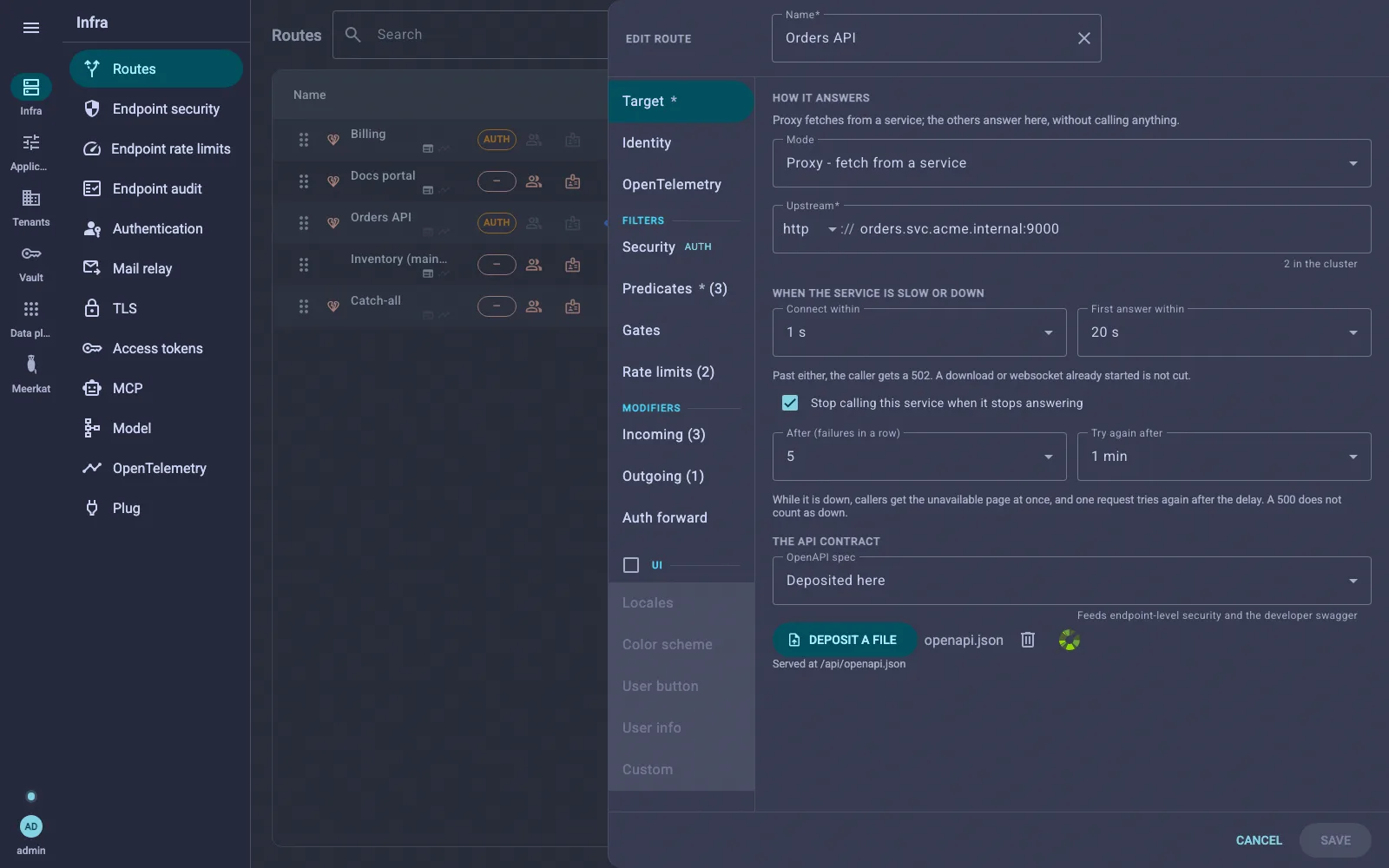 The route editor open on Target, with the section list on the left