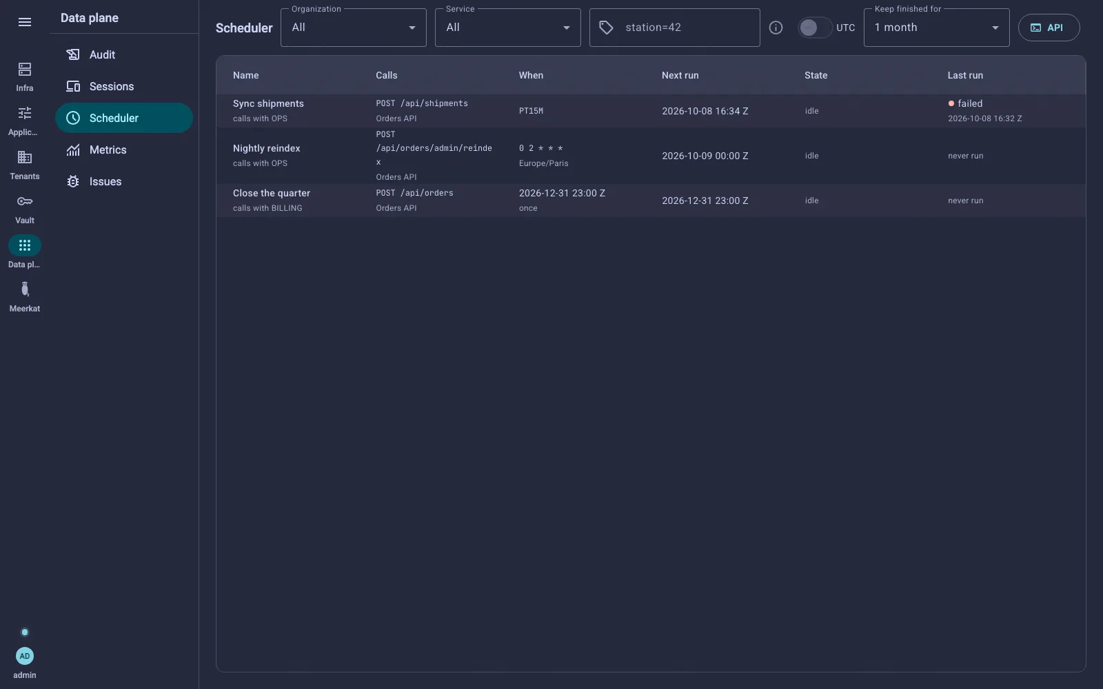 The Scheduler screen: a cadence, a cron line and one date, each with its next run and its last