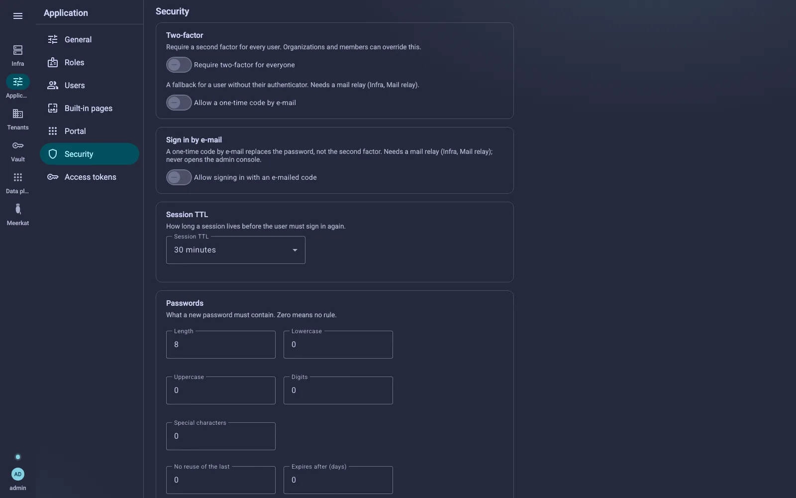 The Security screen on the password policy: the kinds of characters, history, expiry and how long a temporary password works