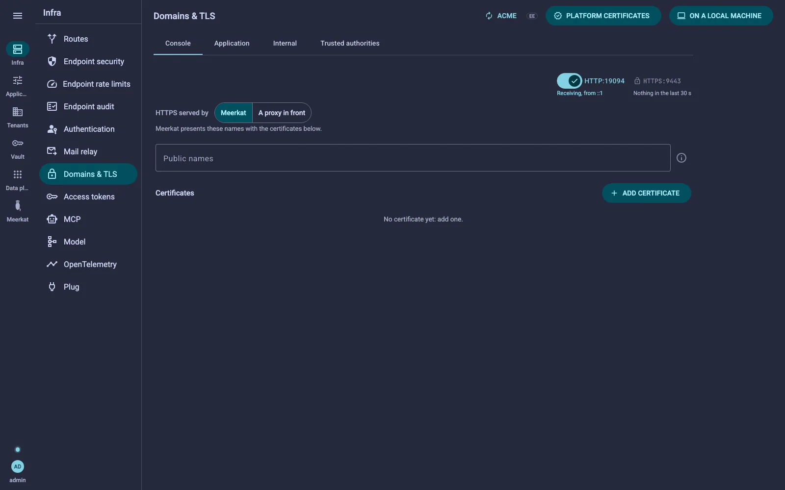 The Domains & TLS screen: one tab per plane, Console, Application and Internal, each with its ports, who serves its public names and its certificates, then the Trusted authorities tab