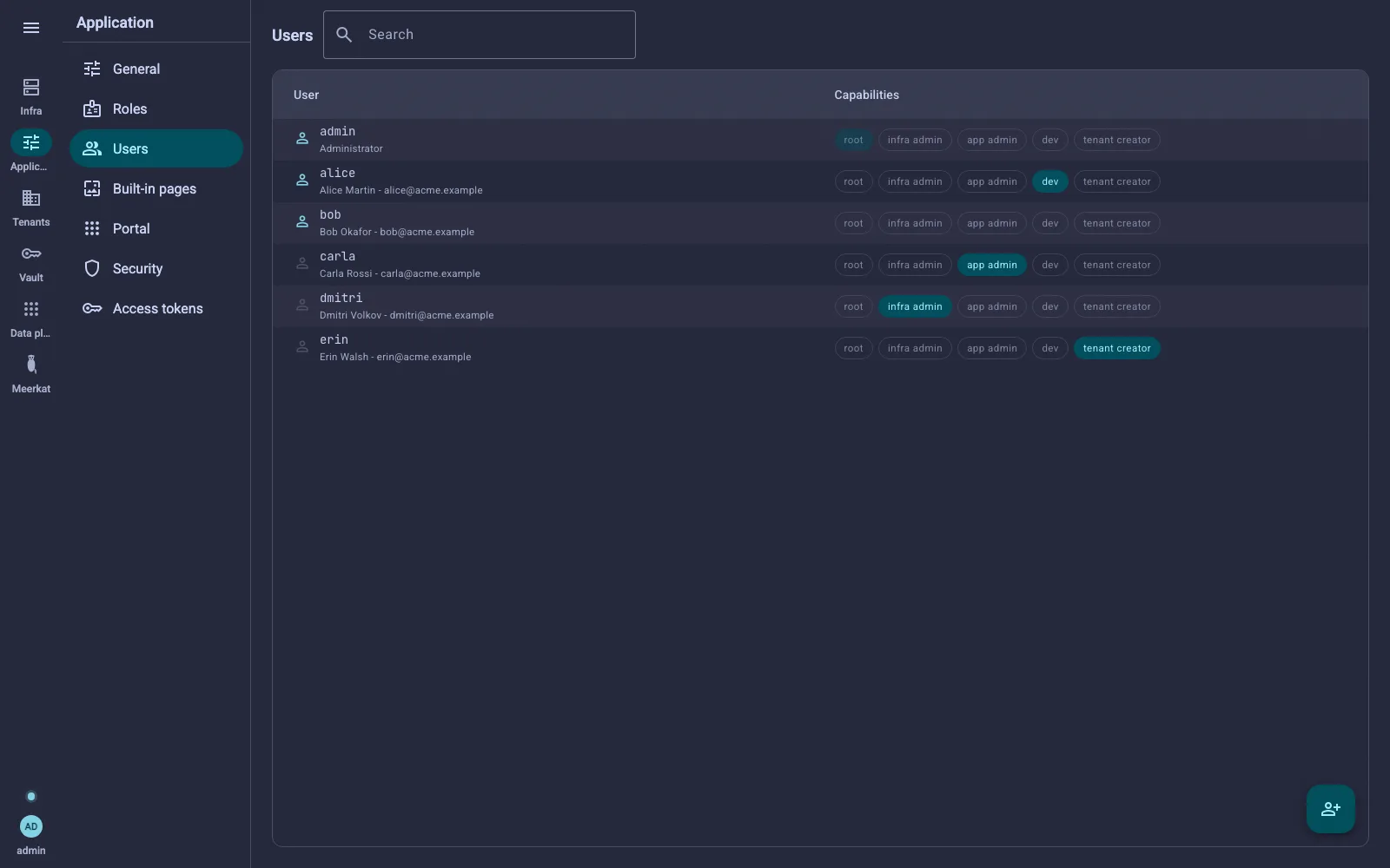 The console on the Users screen, with the rail on the left and the Application plane's sections beside it